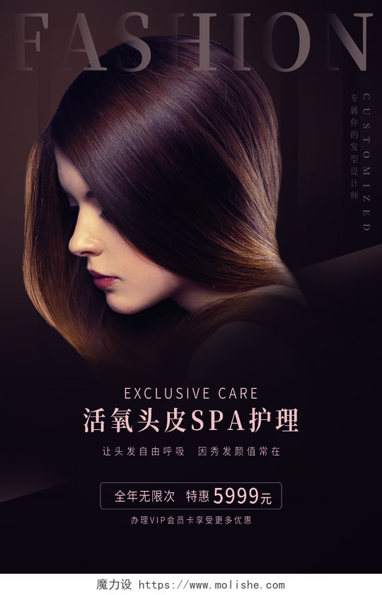 棕色简约高端创意发型活氧头皮SPA护理美发海报